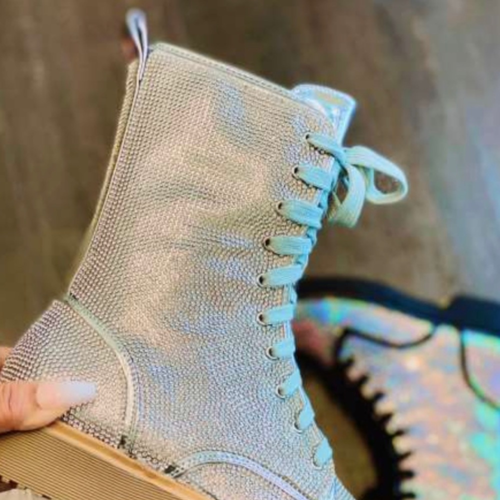 Pazzle BETSY Combat Silver Rhinestone Embellished Lace-up Tall Metallic Boot - Picture 4 of 10